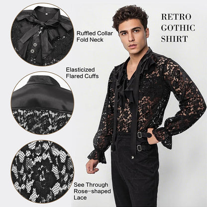 Men Pirate Vampire Gothic Shirt Rose Shaped Lace Shirt See Through Renaissance Poet Shirts Medieval Costume Shirts