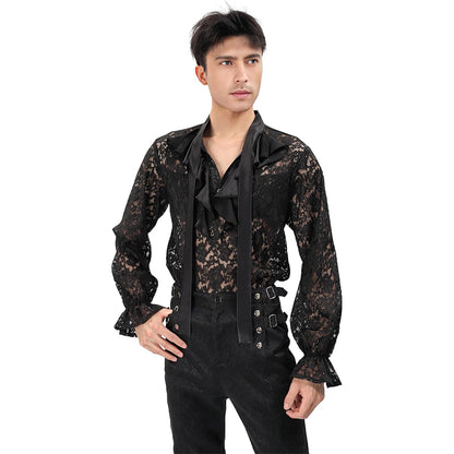 Men Pirate Vampire Gothic Shirt Rose Shaped Lace Shirt See Through Renaissance Poet Shirts Medieval Costume Shirts