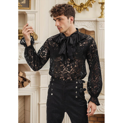 Men Pirate Vampire Gothic Shirt Rose Shaped Lace Shirt See Through Renaissance Poet Shirts Medieval Costume Shirts