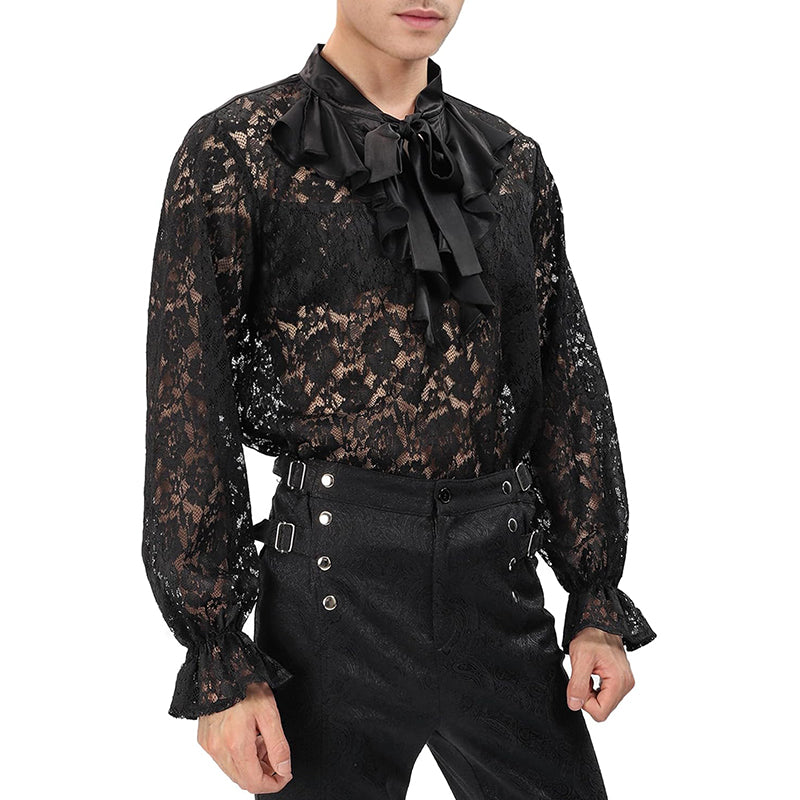 Men Pirate Vampire Gothic Shirt Rose Shaped Lace Shirt See Through Renaissance Poet Shirts Medieval Costume Shirts