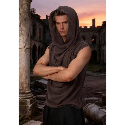 Men Post Apocalyptic Hooded Top Apocalyptic Sleeveless Vest Medieval Vintage Retro Shirt Renaissance Sleeveless Shirt Cosplay Costumes