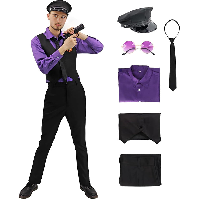 Men Purple Costume Cosplay Full Set Outfit with Hat and Glasses for Halloween Party