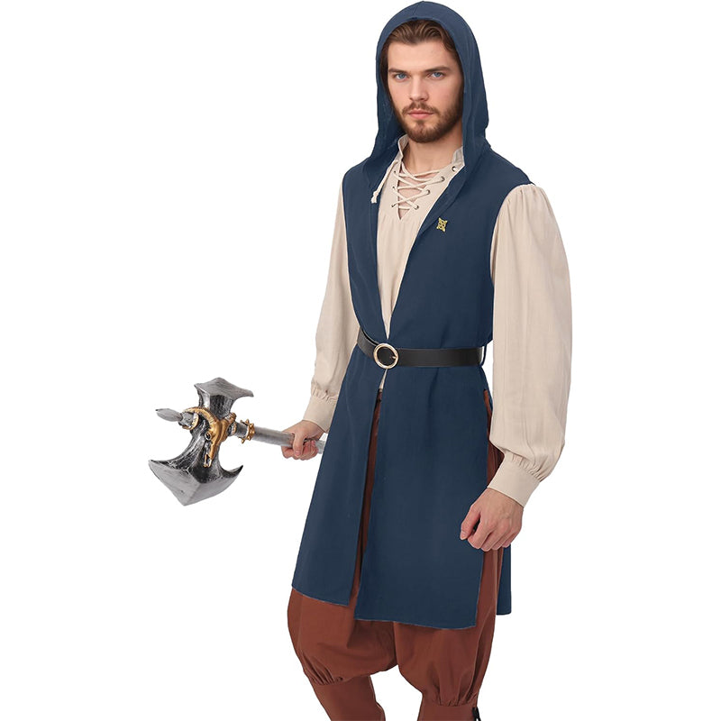Men Renaissance Vest Medieval Hooded Surcoat LARP Sleeveless Tunic Tabard Pirate Cosplay Costumes For Halloween Party Festival