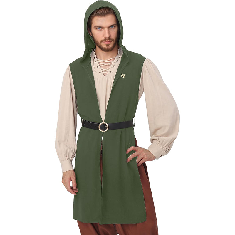 Men Renaissance Vest Medieval Hooded Surcoat LARP Sleeveless Tunic Tabard Pirate Cosplay Costumes For Halloween Party Festival