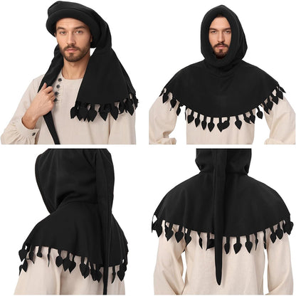Men Renaissance Medieval Chaperon Hat Liripipe Hoods Cap With Rolled Brim Ren Faire LARP Cosplay Costume Accessories