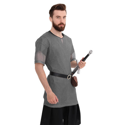 Men Renaissance Medieval Chain Tunic Shirt With Belt And Pouch LARP Cosplay Costume Set For Halloween Party