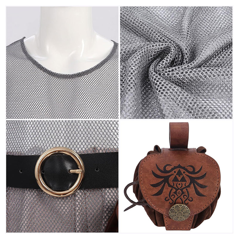 Men Renaissance Medieval Chain Tunic Shirt With Belt And Pouch LARP Cosplay Costume Set For Halloween Party