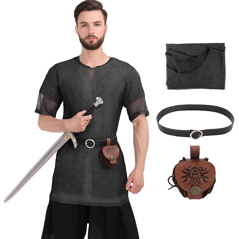 Men Renaissance Medieval Chain Tunic Shirt With Belt And Pouch LARP Cosplay Costume Set For Halloween Party