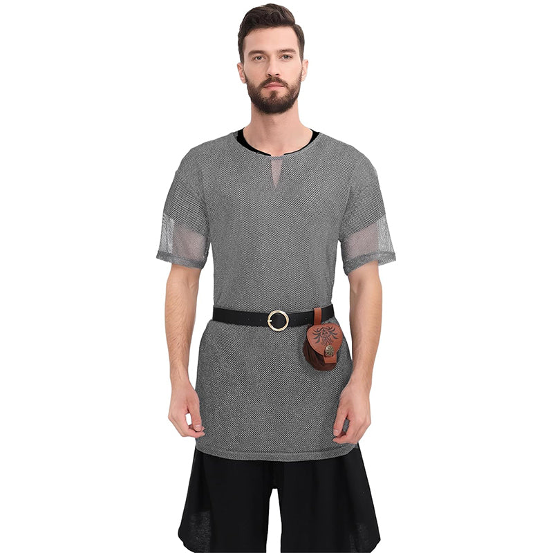 Men Renaissance Medieval Chain Tunic Shirt With Belt And Pouch LARP Cosplay Costume Set For Halloween Party