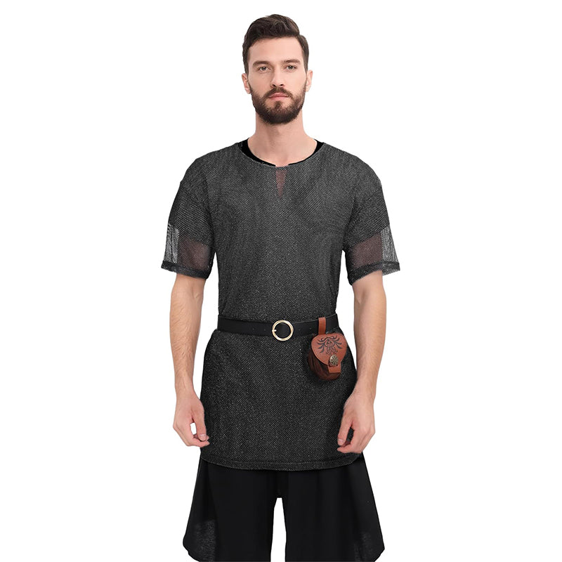 Men Renaissance Medieval Chain Tunic Shirt With Belt And Pouch LARP Cosplay Costume Set For Halloween Party
