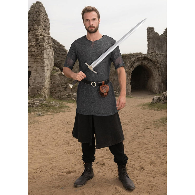 Men Renaissance Medieval Chain Tunic Shirt With Belt And Pouch LARP Cosplay Costume Set For Halloween Party
