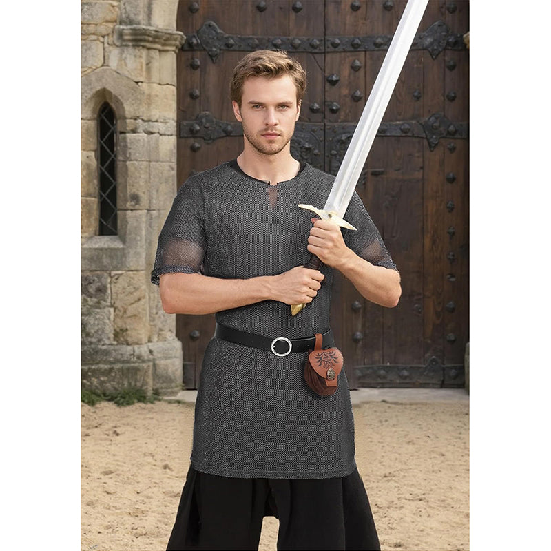 Men Renaissance Medieval Chain Tunic Shirt With Belt And Pouch LARP Cosplay Costume Set For Halloween Party