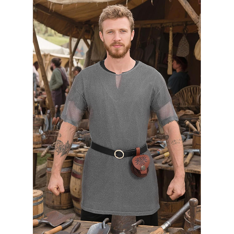 Men Renaissance Medieval Chain Tunic Shirt With Belt And Pouch LARP Cosplay Costume Set For Halloween Party