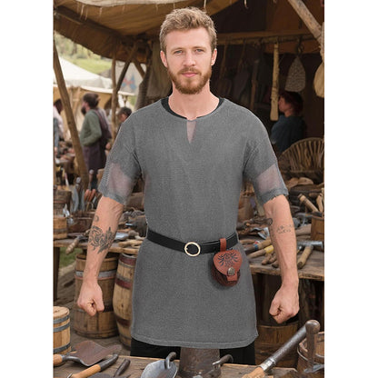 Men Renaissance Medieval Chain Tunic Shirt With Belt And Pouch LARP Cosplay Costume Set For Halloween Party