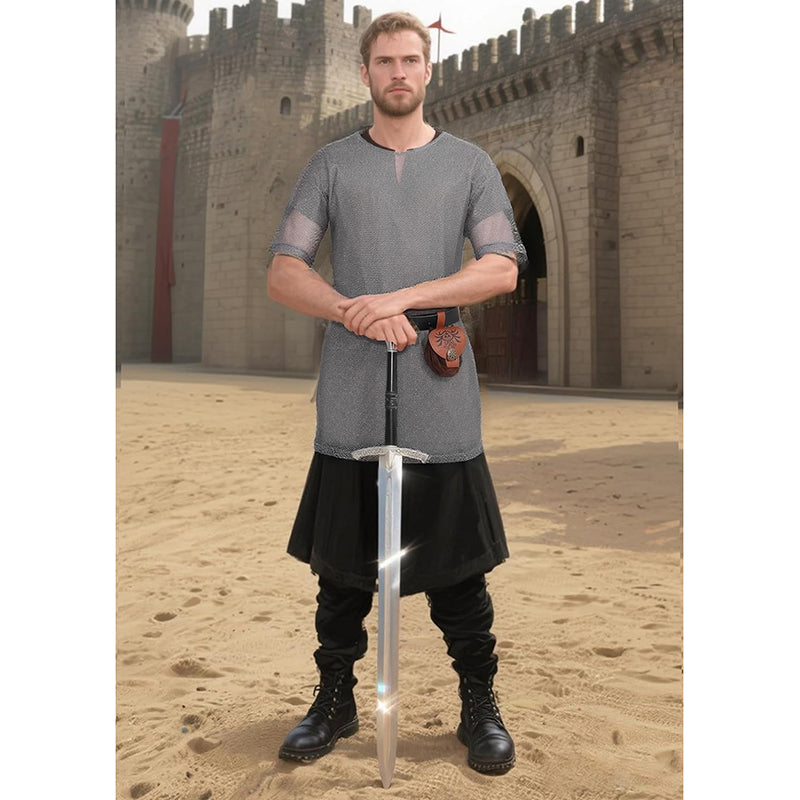 Men Renaissance Medieval Chain Tunic Shirt With Belt And Pouch LARP Cosplay Costume Set For Halloween Party