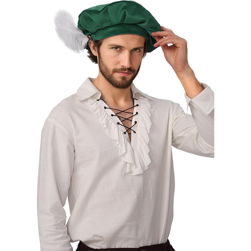 Men Renaissance Medieval Tudor Hat Beret Hat With Feather Ren Faire LARP Muffin Cap Minstrel Hat Costume Accessories