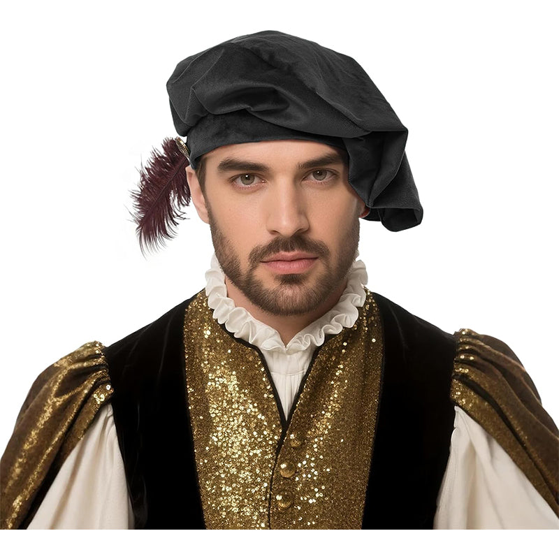 Men Renaissance Medieval Tudor Hat Beret Hat With Feather Ren Faire LARP Muffin Cap Minstrel Hat Costume Accessories
