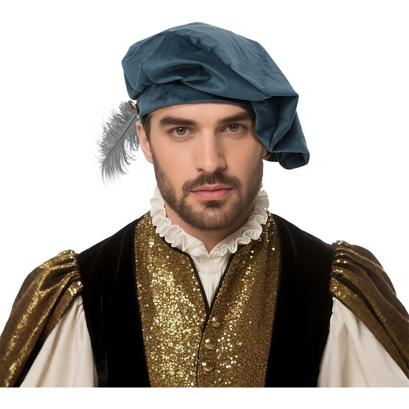 Men Renaissance Medieval Tudor Hat Beret Hat With Feather Ren Faire LARP Muffin Cap Minstrel Hat Costume Accessories