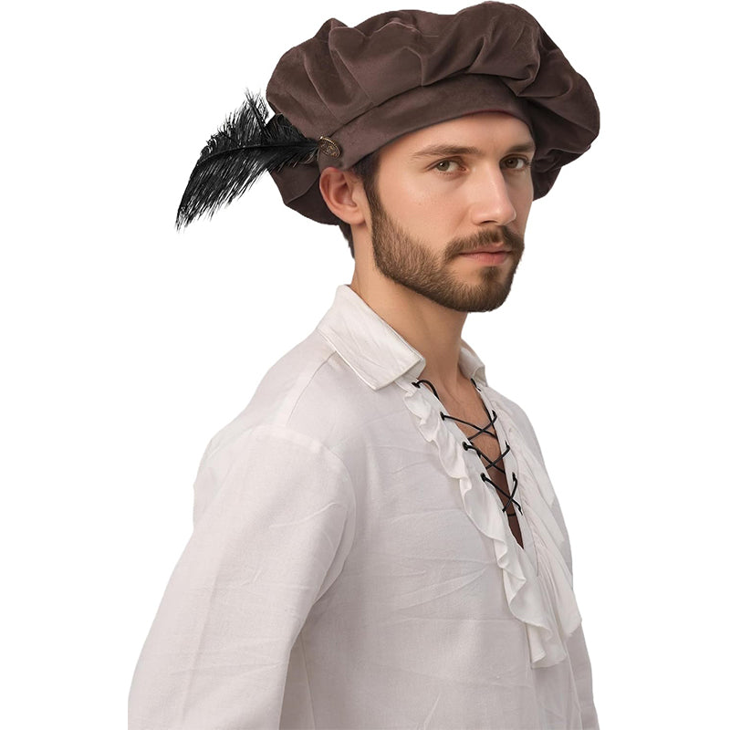 Men Renaissance Medieval Tudor Hat Beret Hat With Feather Ren Faire LARP Muffin Cap Minstrel Hat Costume Accessories