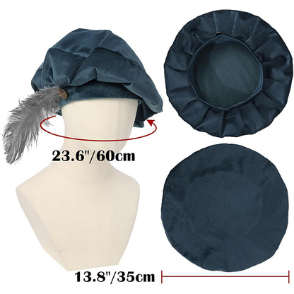 Men Renaissance Medieval Tudor Hat Beret Hat With Feather Ren Faire LARP Muffin Cap Minstrel Hat Costume Accessories