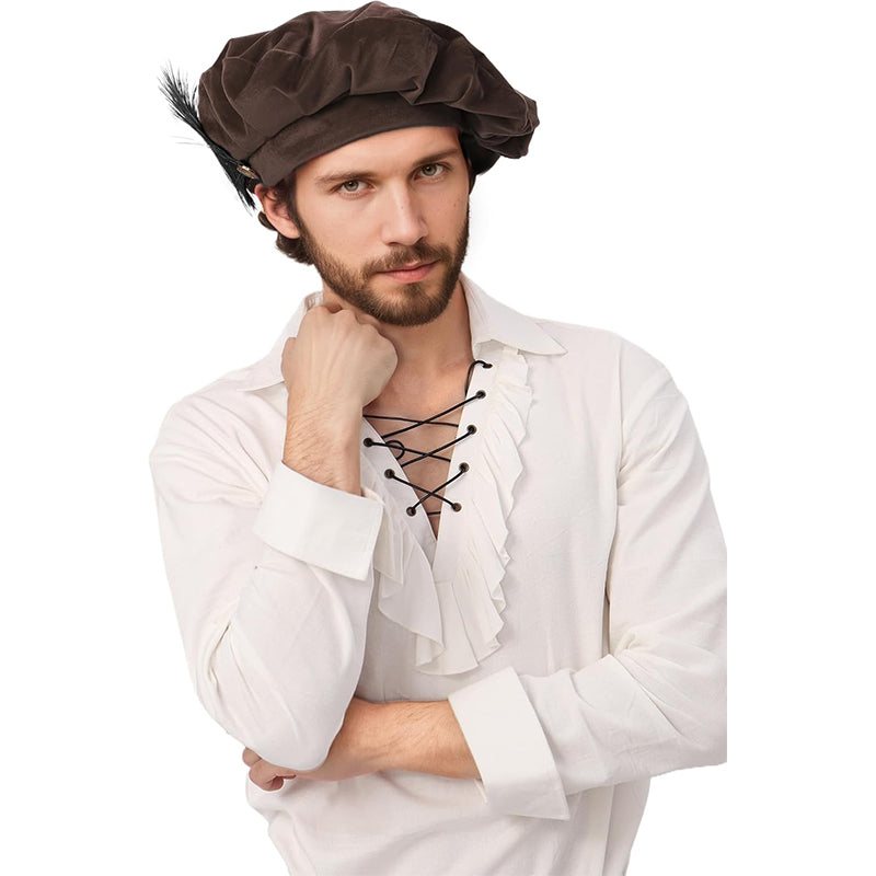 Men Renaissance Medieval Tudor Hat Beret Hat With Feather Ren Faire LARP Muffin Cap Minstrel Hat Costume Accessories