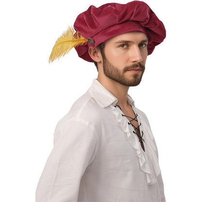 Men Renaissance Medieval Tudor Hat Beret Hat With Feather Ren Faire LARP Muffin Cap Minstrel Hat Costume Accessories