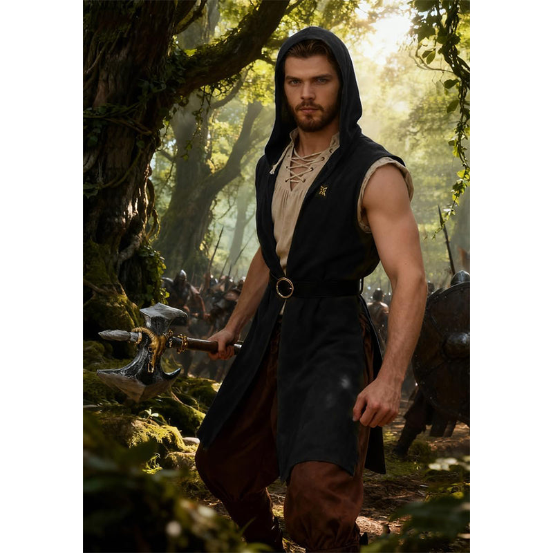 Men Renaissance Vest Medieval Hooded Surcoat LARP Sleeveless Tunic Tabard Pirate Cosplay Costumes For Halloween Party Festival