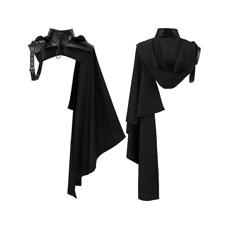 Men Women Medieval Faux Leather Shoulder Chest Armor Black Steampunk Shrug Renaissance Goth Hooded Half Cape For Halloween