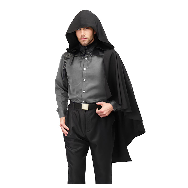 Men Women Medieval Faux Leather Shoulder Chest Armor Black Steampunk Shrug Renaissance Goth Hooded Half Cape For Halloween