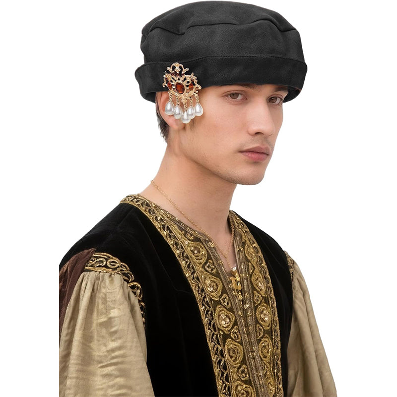 Men Women Medieval Tudor Beret Hat Renaissance Faux Suede Cap With Up Brim Costume Accessories