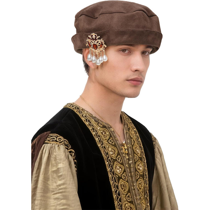 Men Women Medieval Tudor Beret Hat Renaissance Faux Suede Cap With Up Brim Costume Accessories