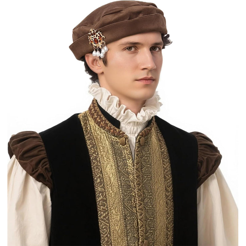 Men Women Medieval Tudor Beret Hat Renaissance Faux Suede Cap With Up Brim Costume Accessories