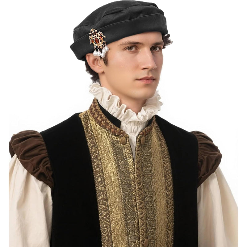 Men Women Medieval Tudor Beret Hat Renaissance Faux Suede Cap With Up Brim Costume Accessories