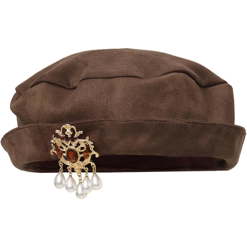 Men Women Medieval Tudor Beret Hat Renaissance Faux Suede Cap With Up Brim Costume Accessories