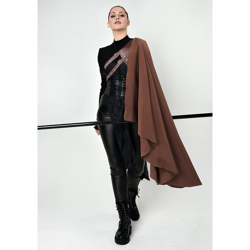 Renaissance Half Shoulder Cape Medieval Steampunk Shawl with Belt LARP Costume For Halloween Party