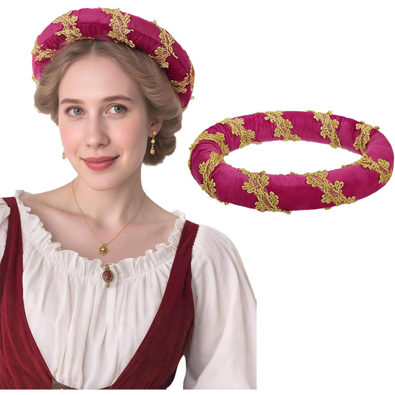 Renaissance Padded Roll Chaplets Velvet Coif Cap Medieval Headwear Headpiece Hat Bourrelet With Gold Trim For Daily Wear Party Christmas