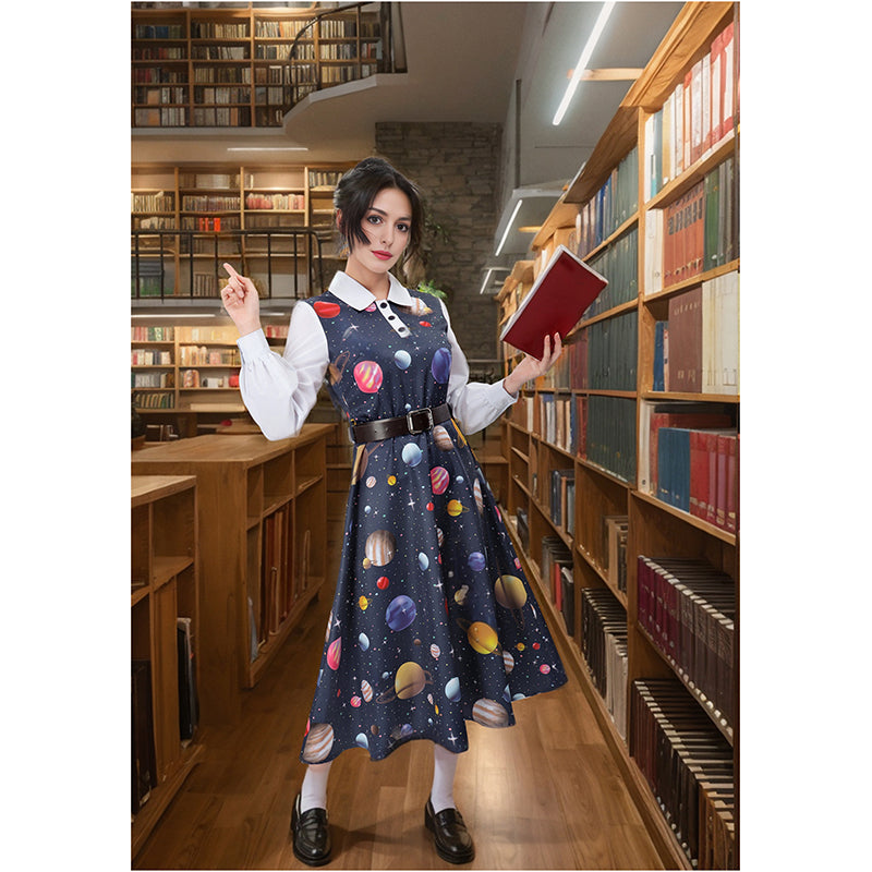 Teacher Cosplay Costume Magic Space Planet Dress Women Doll Collar Long Sleeves Bus Earrings Full Outfits For Halloween Party