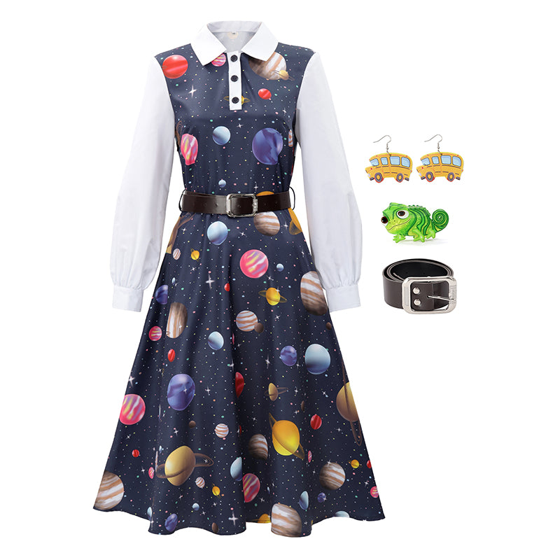 Teacher Cosplay Costume Magic Space Planet Dress Women Doll Collar Long Sleeves Bus Earrings Full Outfits For Halloween Party