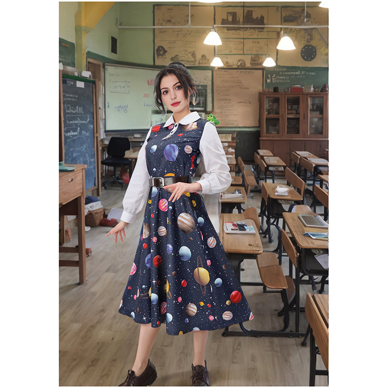 Teacher Cosplay Costume Magic Space Planet Dress Women Doll Collar Long Sleeves Bus Earrings Full Outfits For Halloween Party
