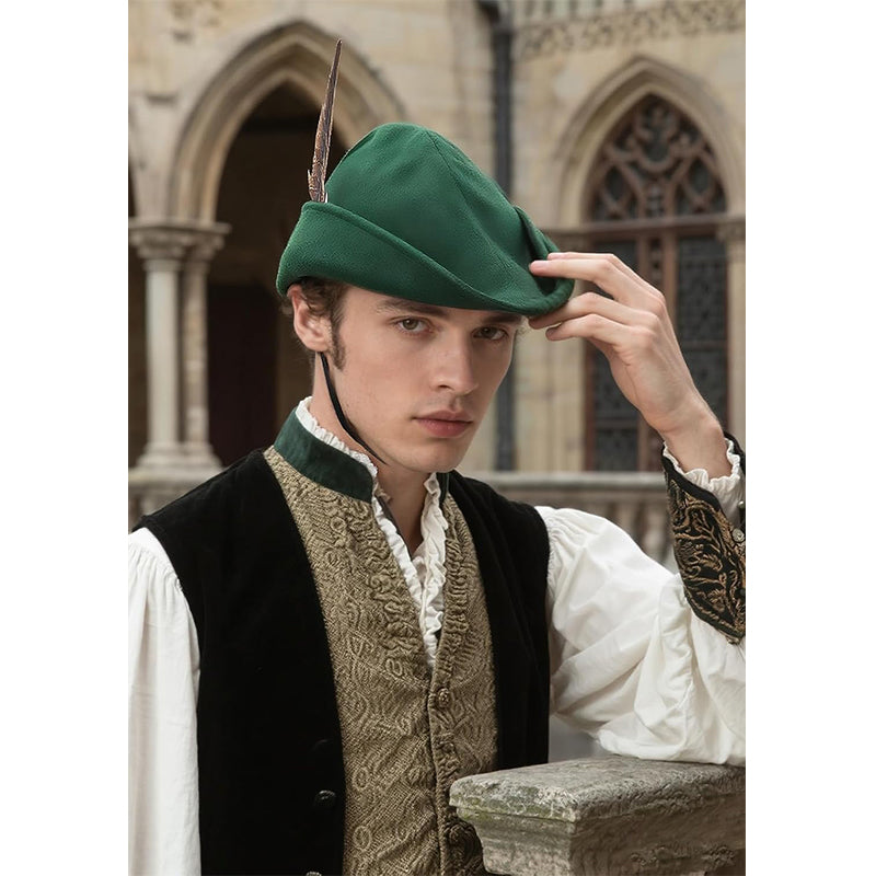 Unisex Medieval Renaissance Robin Hat With Feather Felt Bycocket Hunter Hats Costume Accessories