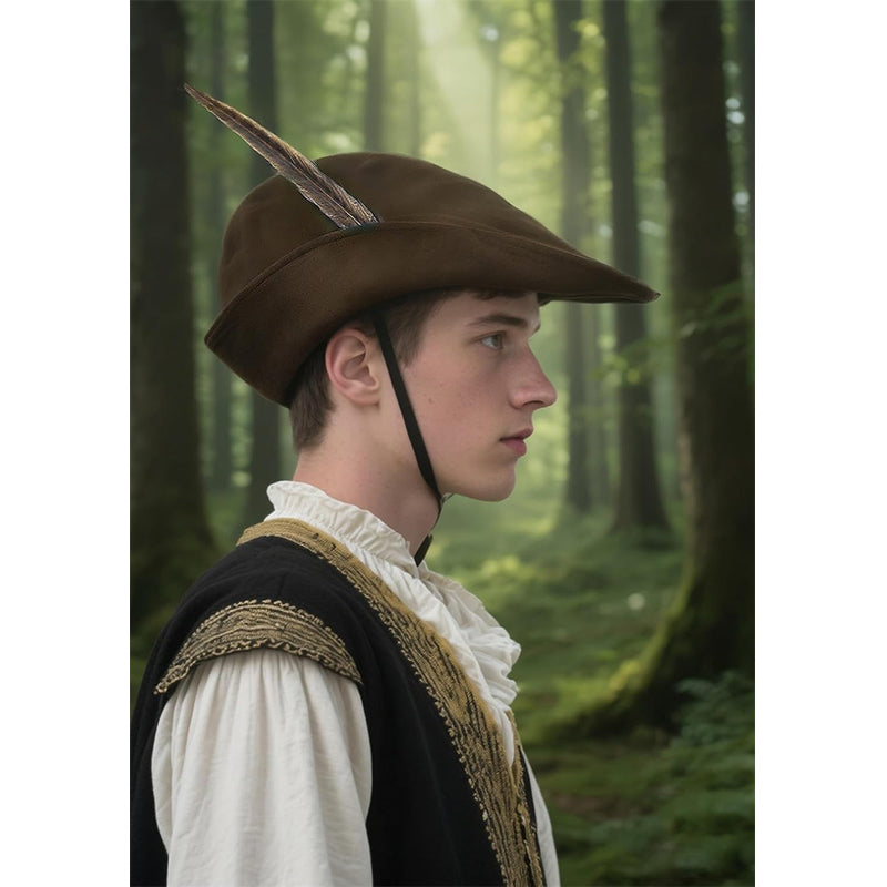 Unisex Medieval Renaissance Robin Hat With Feather Felt Bycocket Hunter Hats Costume Accessories