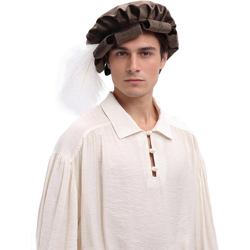 Unisex Medieval Split Brim Beret Cap Renaissance Tudor Hat With Feather Ren Faire Headwear Costume Accessories