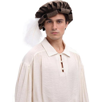 Unisex Medieval Split Brim Beret Cap Renaissance Tudor Hat With Feather Ren Faire Headwear Costume Accessories