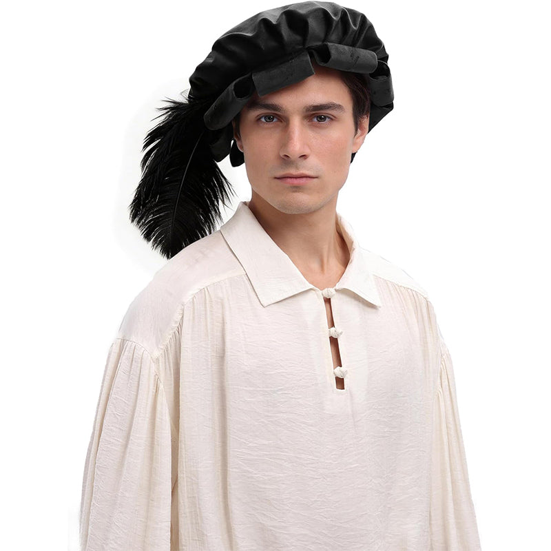 Unisex Medieval Split Brim Beret Cap Renaissance Tudor Hat With Feather Ren Faire Headwear Costume Accessories