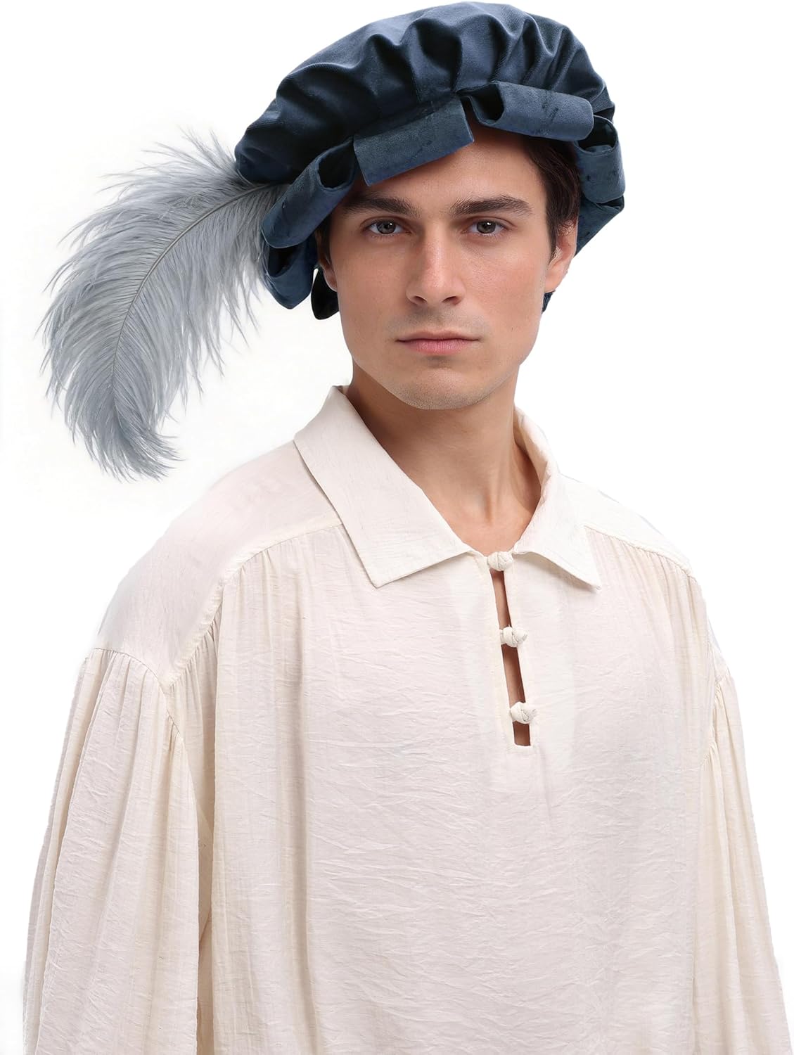 Unisex Medieval Split Brim Beret Cap Renaissance Tudor Hat With Feather Ren Faire Headwear Costume Accessories