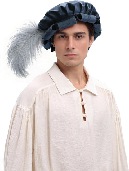 Unisex Medieval Split Brim Beret Cap Renaissance Tudor Hat With Feather Ren Faire Headwear Costume Accessories