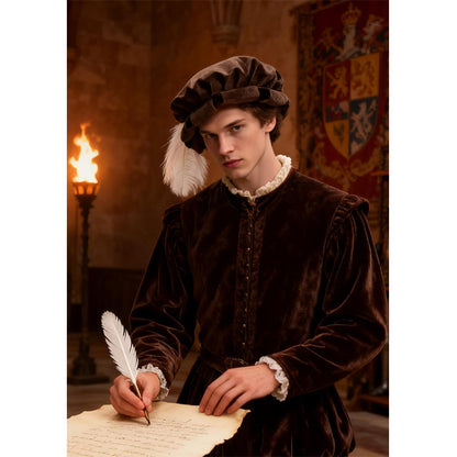 Unisex Medieval Split Brim Beret Cap Renaissance Tudor Hat With Feather Ren Faire Headwear Costume Accessories