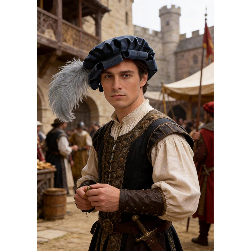 Unisex Medieval Split Brim Beret Cap Renaissance Tudor Hat With Feather Ren Faire Headwear Costume Accessories