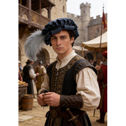 Unisex Medieval Split Brim Beret Cap Renaissance Tudor Hat With Feather Ren Faire Headwear Costume Accessories