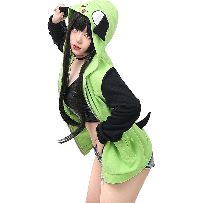 Women Anime Cosplay Green Hoodie Jacket Coat with Ears for Halloween Party Daily Wear